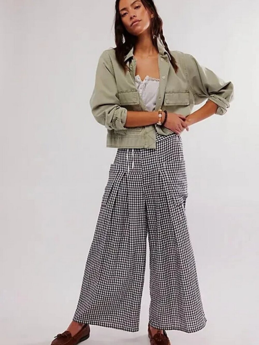 Free People East Side Trousers Mid Rise Pocket Smocked Cropped Legs Pants M NWD